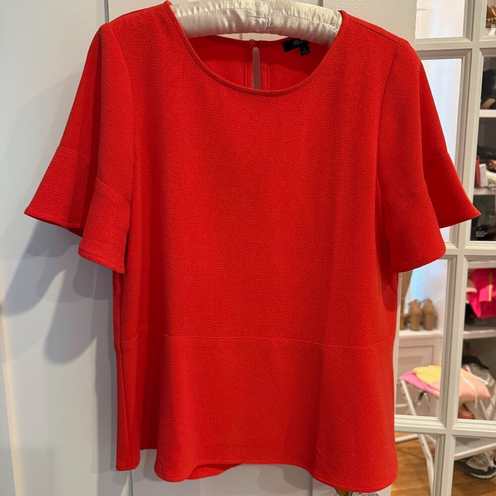 Madewell Orange Red Flared Peplum Short Sleeve top